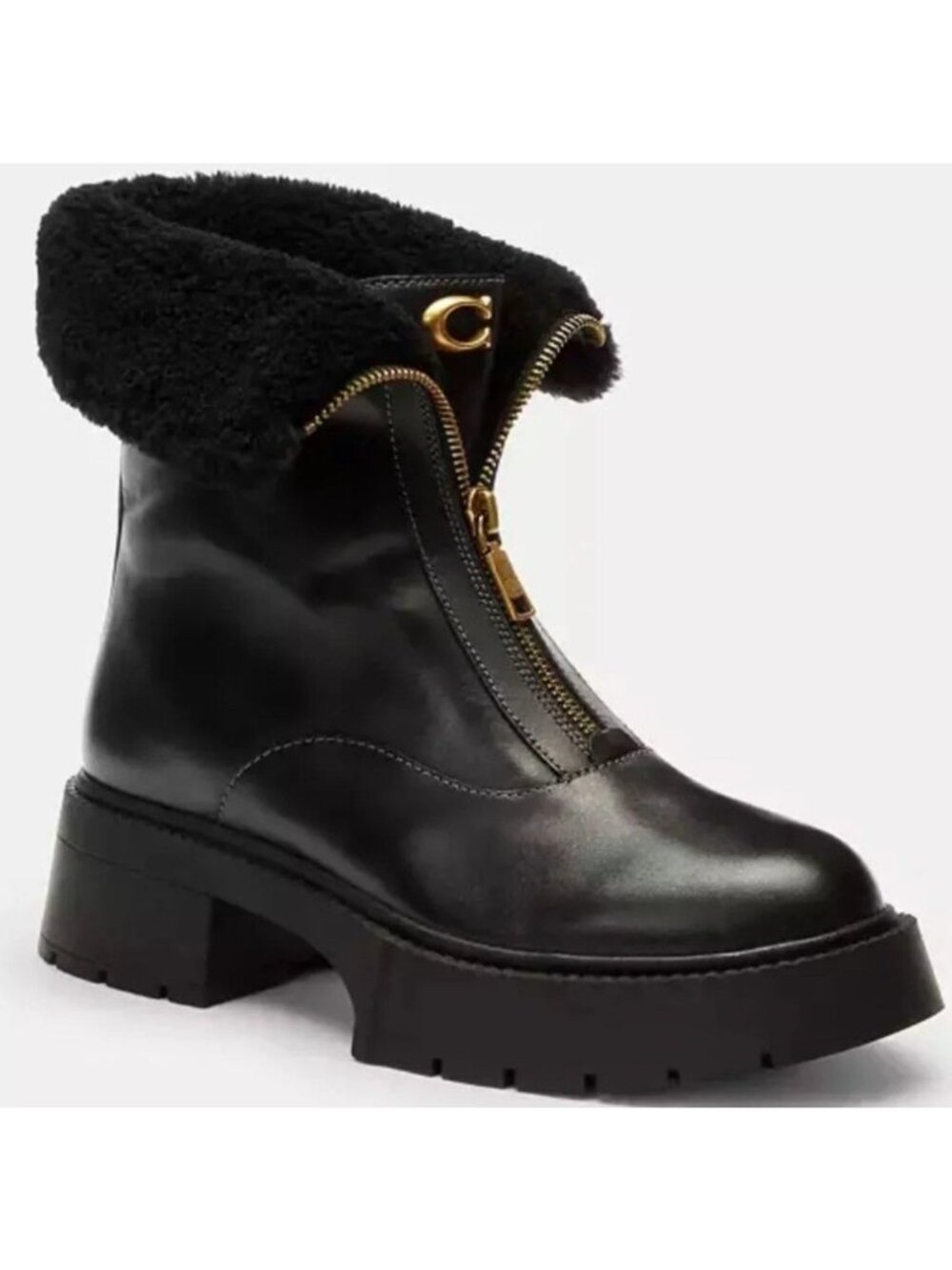New COACH Leah Platform Zip Bootie Boot Black Leather Shearling Size 8